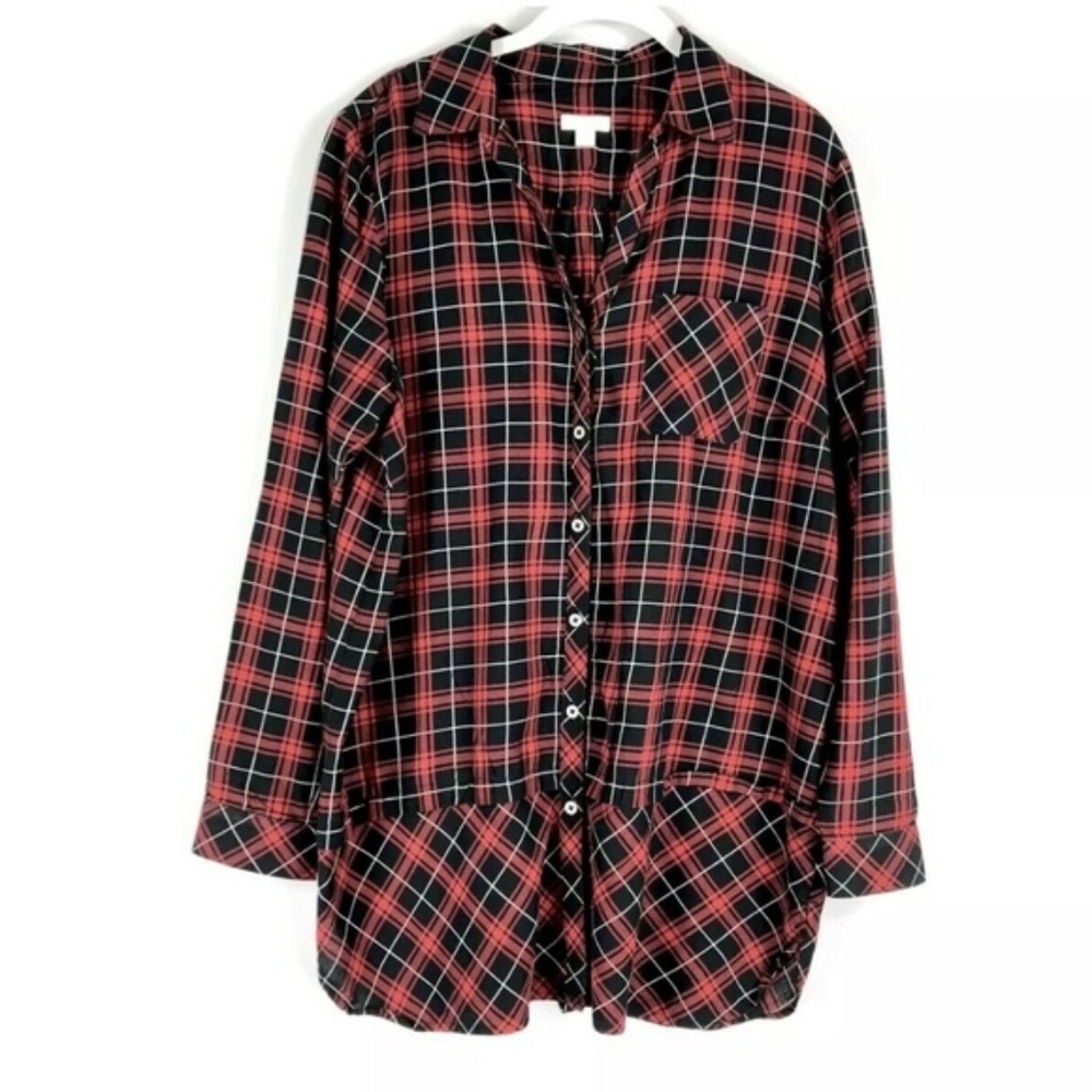 J Jill Top Red Black Plaid Button Down Tunic